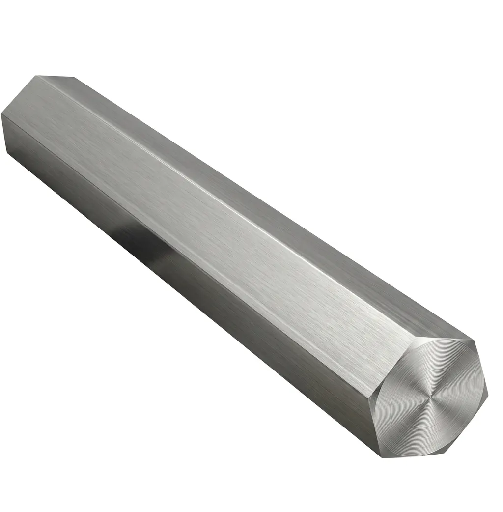 High-precision cold-drawn ASTM A276 AISI 316 stainless steel hex bars with bright finish stacked in a warehouse distributor lot.