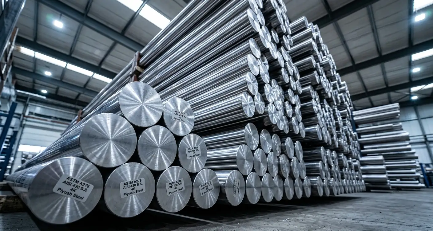 Ready-to-ship inventory of ASTM A276 AISI 420 stainless steel round bars at The Steel House India, Mumbai warehouse, featuring full EN 10204 3.1 MTC traceability.