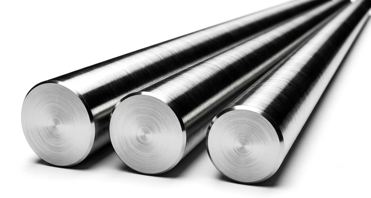 Close-up of AISI 422 stainless steel round bar segments featuring high-strength, hardenable martensitic properties