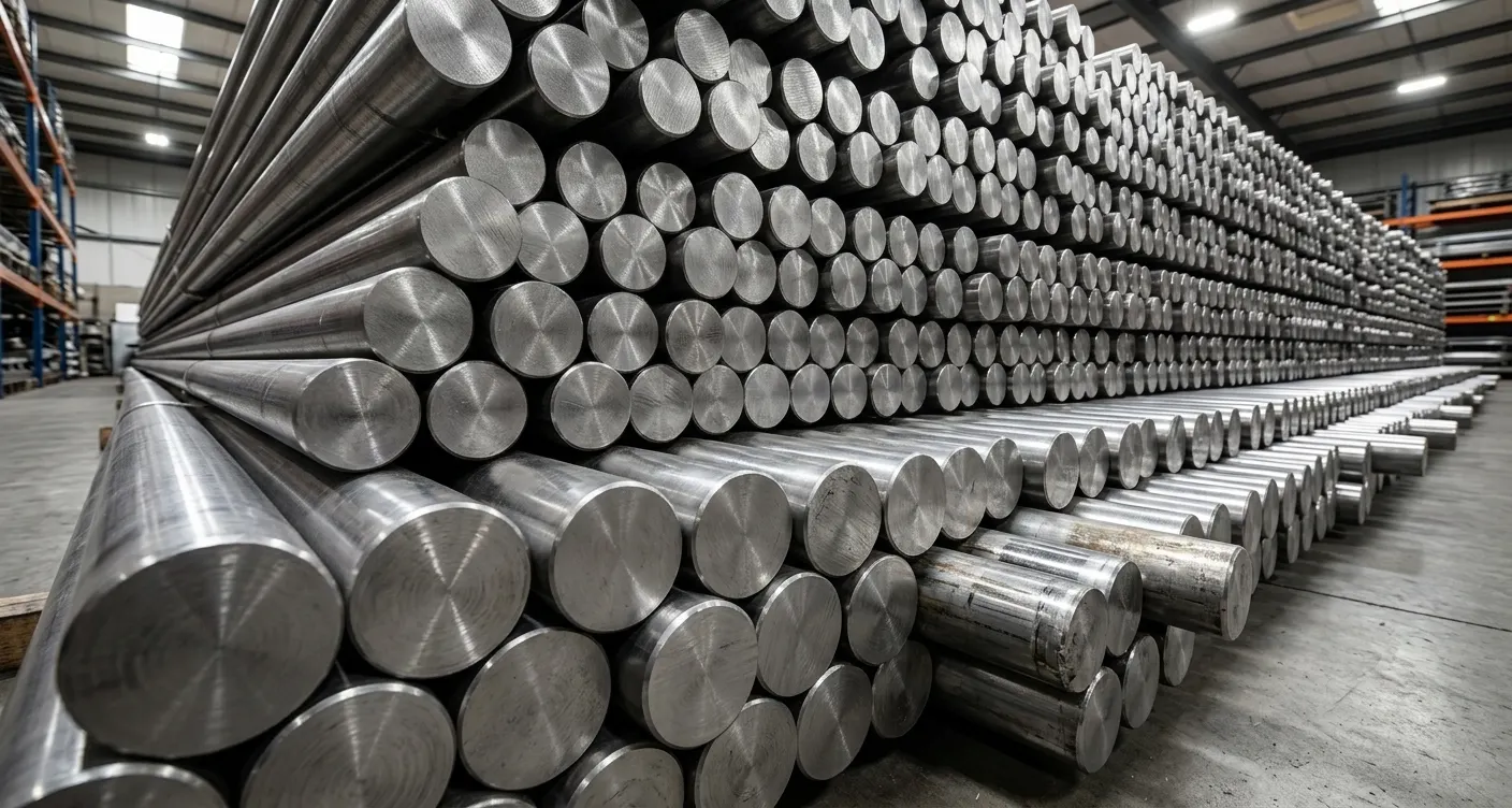 Close-up and warehouse storage of high-strength AISI 431 martensitic stainless steel round bars, ready for marine and aerospace engineering applications, provided by Steel House India.