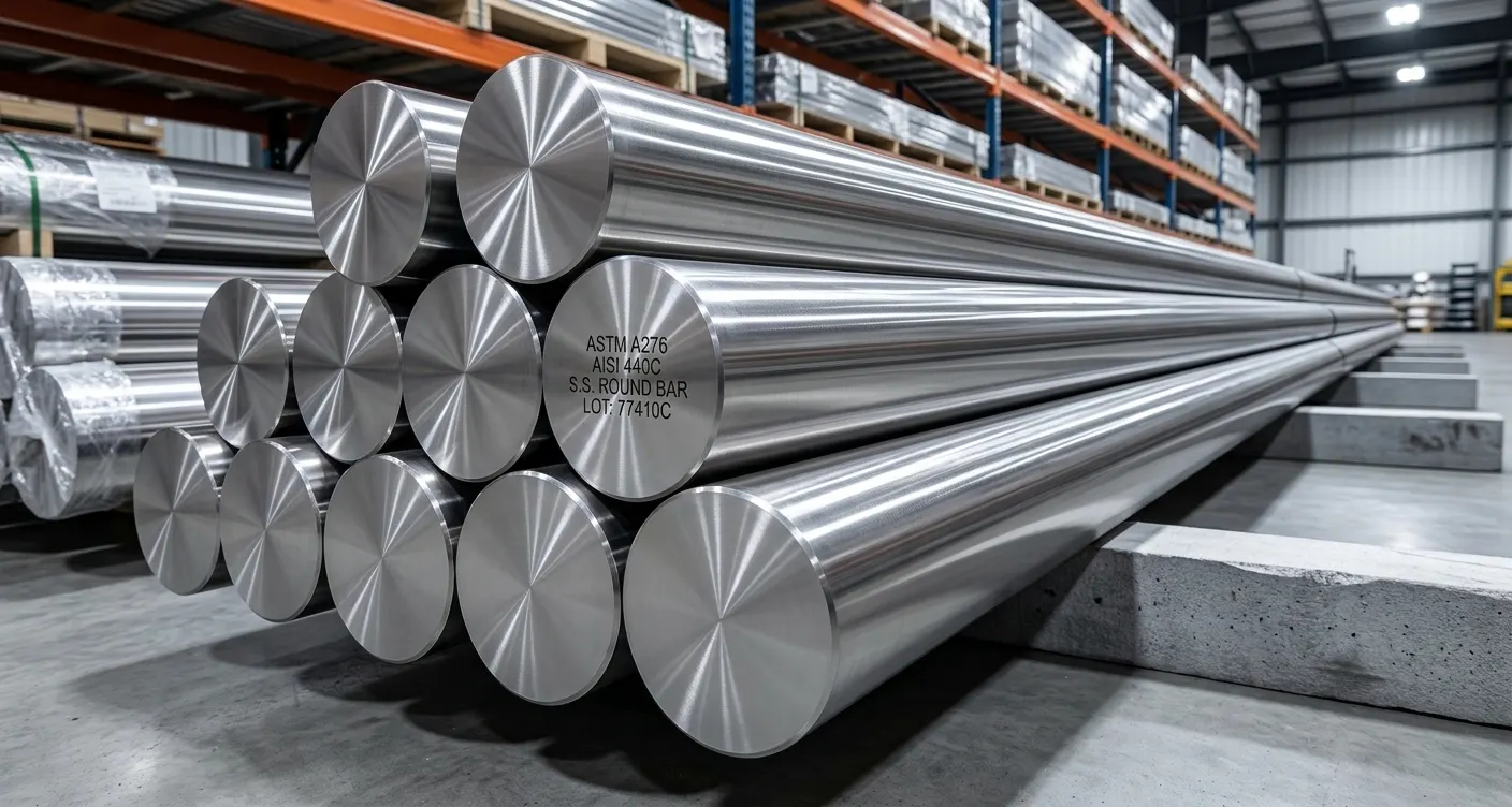 Close-up view of heat-treatable AISI 440C martensitic stainless steel round bars, available for wear-resistant industrial applications at Steel House India.