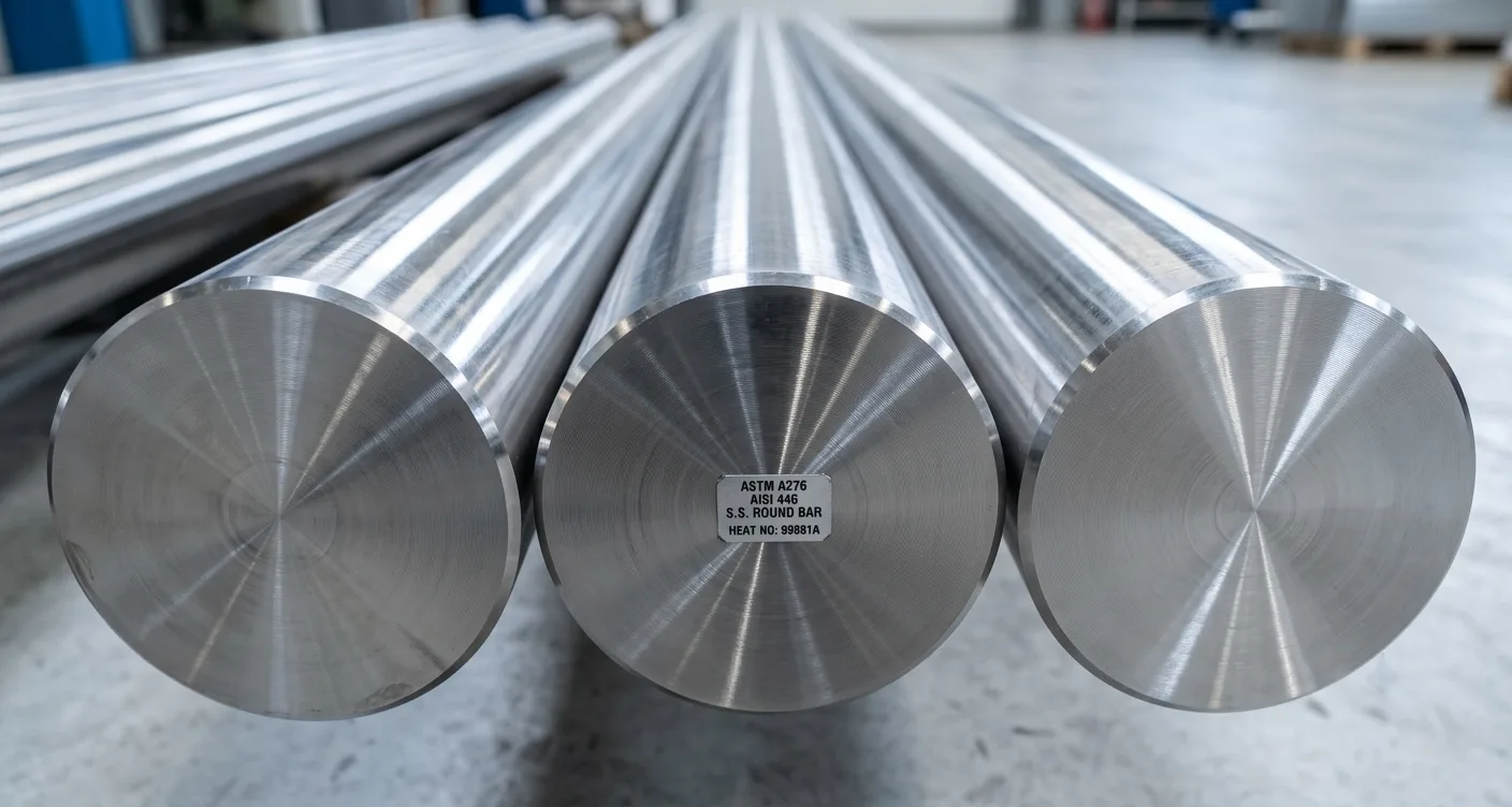 Close-up view of ferritic AISI 446 stainless steel round bars, designed for extreme thermal environments up to 1100°C, available at Steel House India.