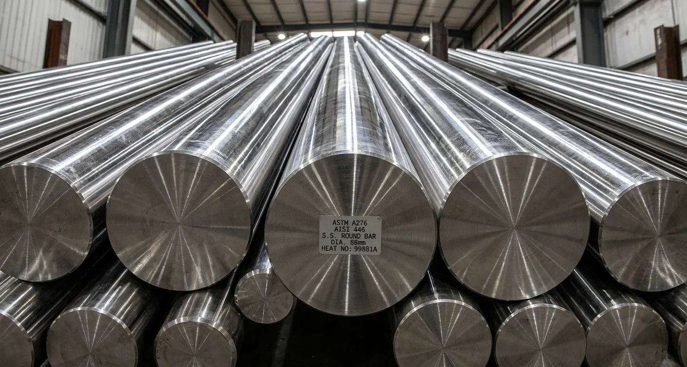 Ready-to-dispatch ASTM A276 AISI 446 stainless steel round bars in the Steel House India Mumbai warehouse, suitable for furnace components and high-heat industrial applications.
