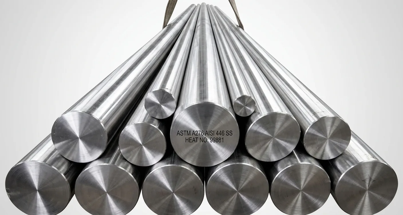 A large industrial warehouse stockpile of high-temperature oxidation-resistant ASTM A276 AISI 446 stainless steel round bars supplied by Steel House India.