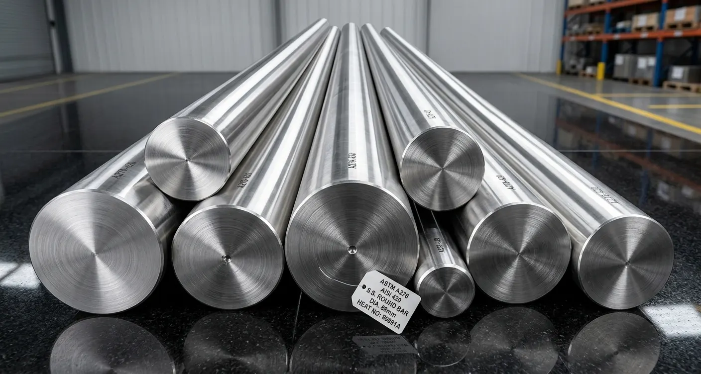 A premium supply of ASTM A276 AISI 420 martensitic stainless steel round bars, featuring high-carbon, hardenable properties for industrial tool manufacturing by The Steel House India.